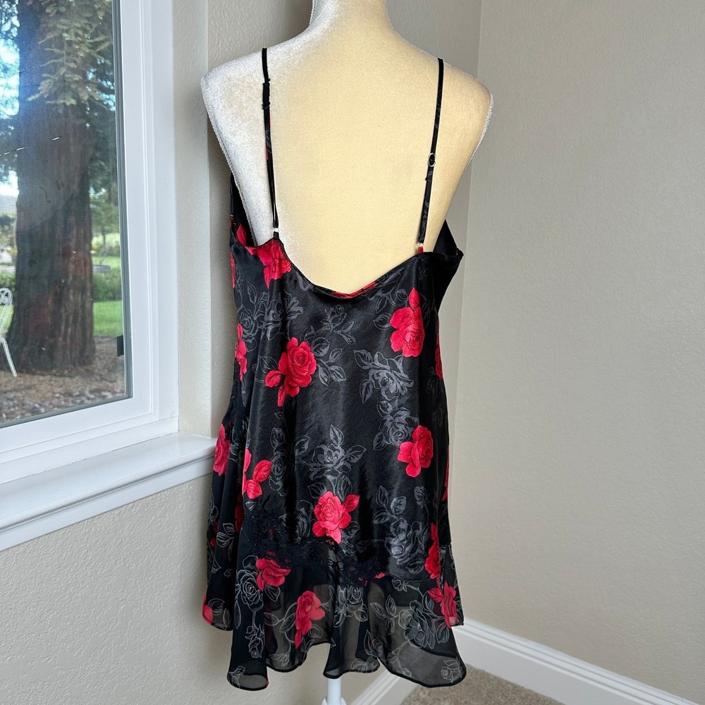 Floral Roses‎ Lace Trim Satin Slip Dress Womens L Chemise Lingerie Romantic Goth - Picture 2 of 5